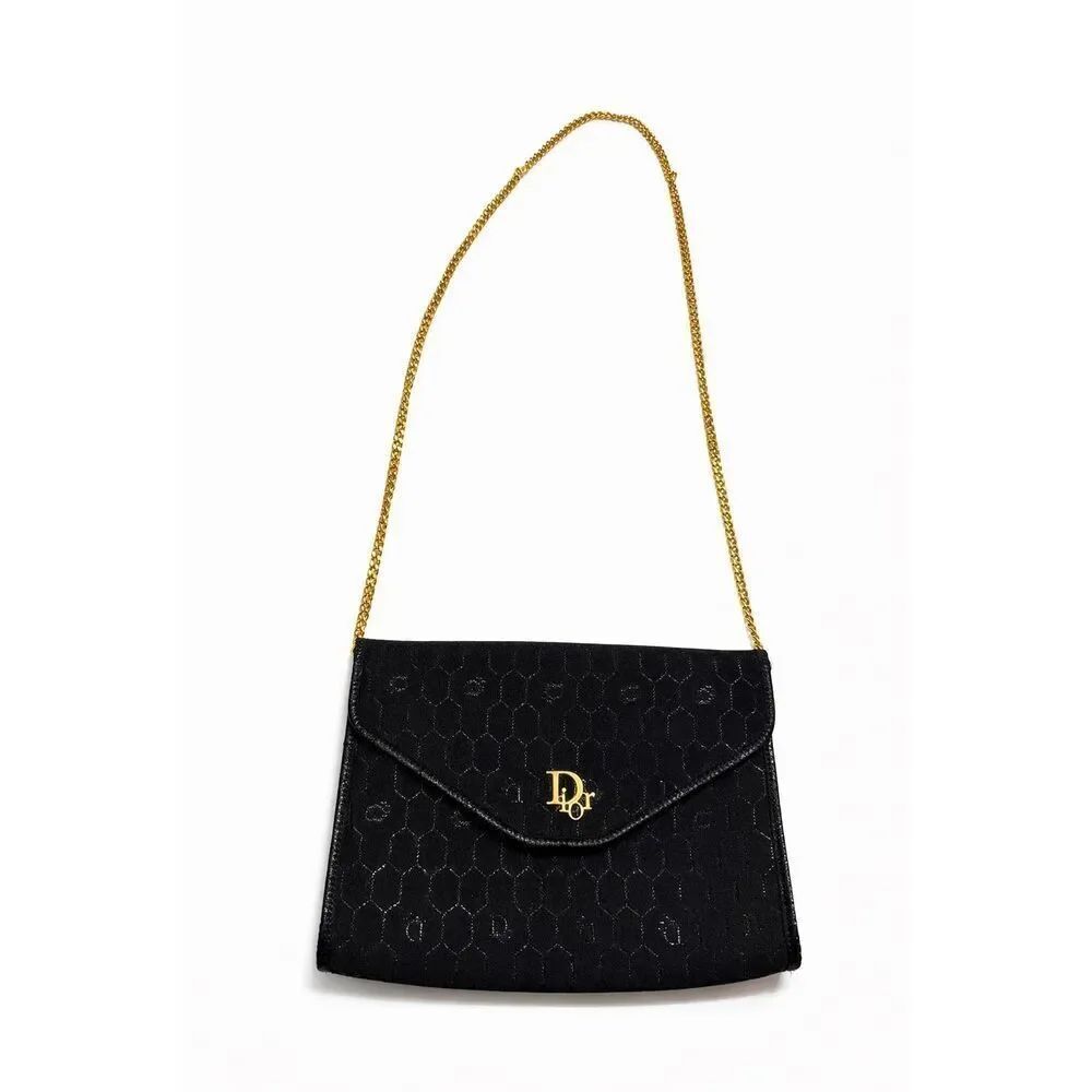 Christian Dior Honeycomb Canvas Chain Shoulder Bag Black Gold Broken Clasp Read
